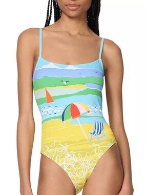New Kate Spade Summer Day Beach Scene One Piece Swimsuit Bathing Suit Sz Medium